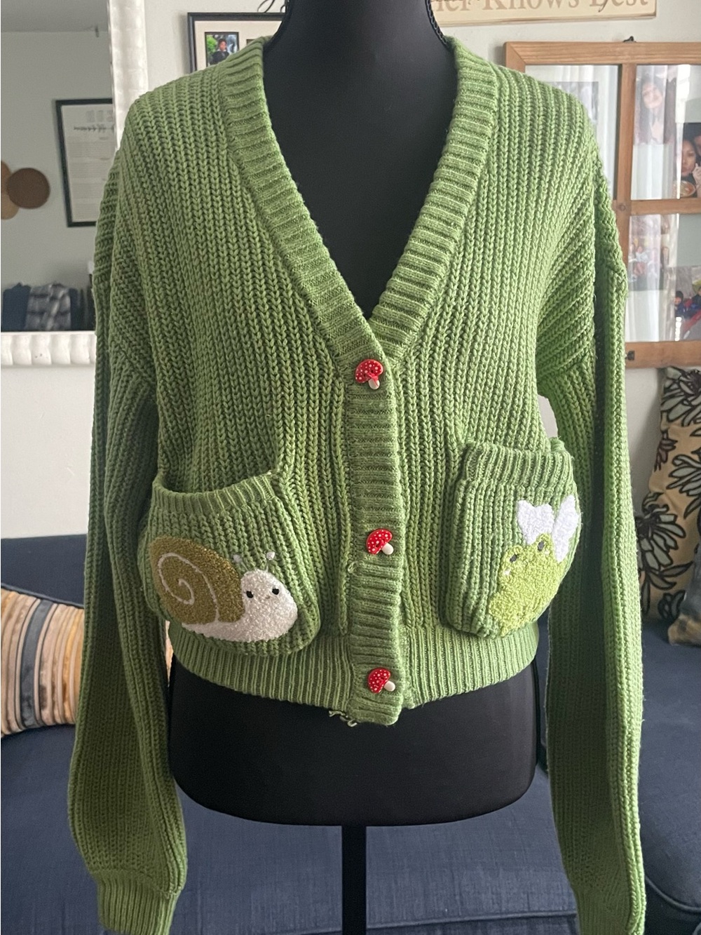 Green Knit Cardigan with Snail & Frog Pocket Details